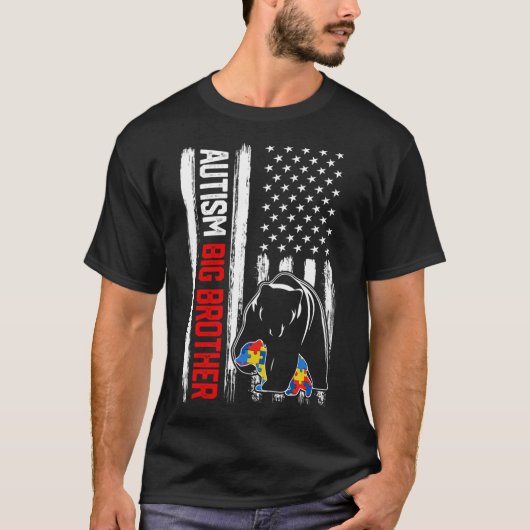 Retro Autism Big Brother Bear American Flag Awaren T-Shirt (Vorderseite)