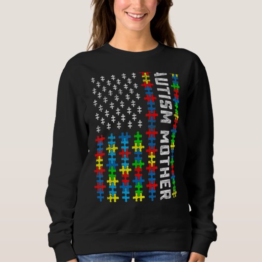 Retro Autismus Bewusstsein USA Flaggen Mutter Supp Sweatshirt (Vorderseite)