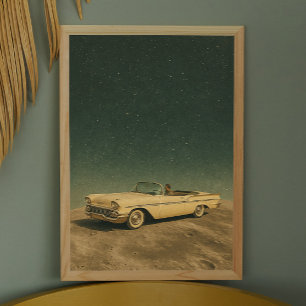 Retro-Auto auf dem Mond. Vintage-Space-Collage-Kun Poster