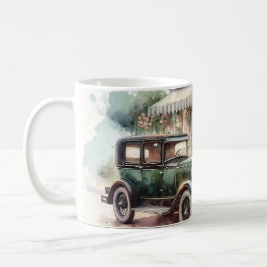 Retro-Auto & blühende Boutique-Szene Kaffeetasse (Links)