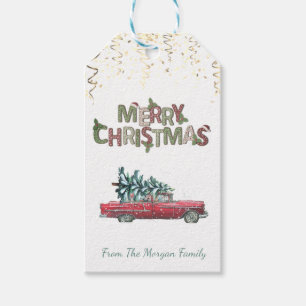 Retro-Auto, Kieferbaum, Konfetti, Frohe Weihnachte Geschenkanhänger