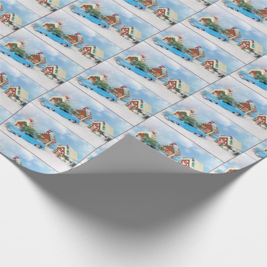 Retro-Auto mit Weihnachtsbaum Geschenkpapier (Ecke)
