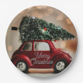 Retro-Auto mit Weihnachtsbaum-Papierteller Pappteller (Vorderseite)