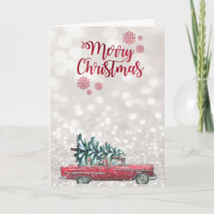 Retro-Auto-Tannenbaum, glitzernder Bokeh Feiertagskarte