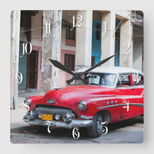 Retro-Autos auf der Straße von Havanna Quadratische Wanduhr