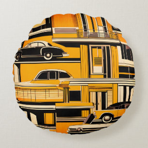 Retro-Autos Geometrisches Senf-Mid-Century  Rundes Kissen