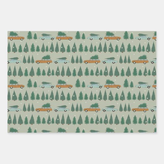 Retro-Autos, LKWs, Weihnachtsbaumen Geschenkpapier Set (Vorderseite)