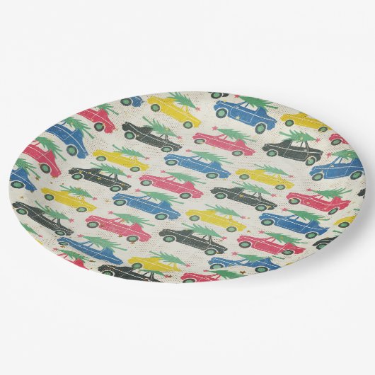 Retro-Autos mit Weihnachtsbäumen oben Pappteller (Schrägansicht)