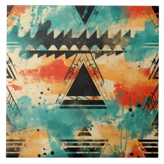 Retro Azteken-Muster geometrisch abstrakt orange Fliese (Vorderseite)