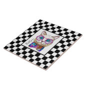 Retro B&W-Checkerboard, Hipster cat, personalisier Fliese (Seite)