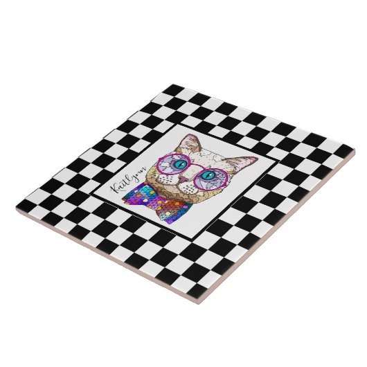 Retro B&W-Checkerboard, Hipster cat, personalisier Fliese (Seite)