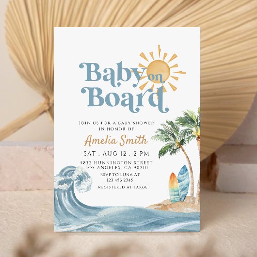 Retro Baby an Bord Surfboard Beach Babydusche Einladung