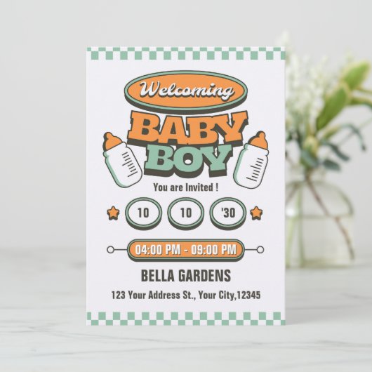 Retro Baby Boy Dusche Einladung (Stehend Vorderseite)