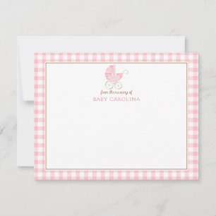 Retro-Babymädchen-Kinderwagen Rosa Gingham-Notizka Einladung