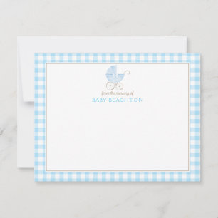 Retro-Babytrage Blau Gingham Notizkarten Einladung