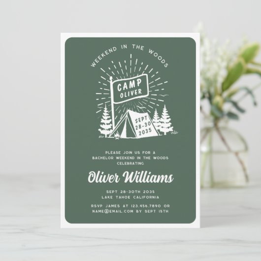 Retro Bachelor Party Weekend im Wald | Green Einladung (Stehend Vorderseite)