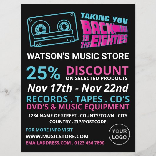 Retro-Band der 80er Jahre, Musik-Store-Werbung Flyer (Vorne)