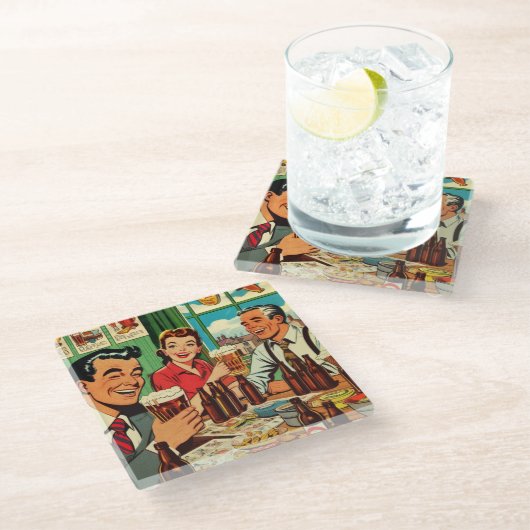 Retro-Bar-Bier-Comicen Glasuntersetzer (Schrägansicht)