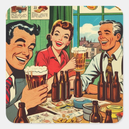 Retro-Bar-Bier-Comicen Quadratischer Aufkleber (Vorderseite)