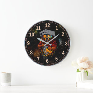 Retro-Bär mit Käsehobel-Hut und Sonnenbrille Große Wanduhr