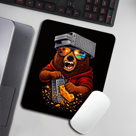 Retro-Bär mit Käsehobel-Hut und Sonnenbrille Mousepad
