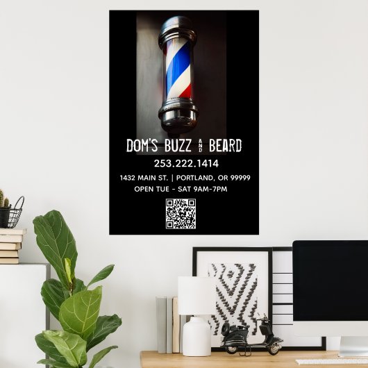 Retro Barber Pole & QR Code Business Poster (Heimbüro)