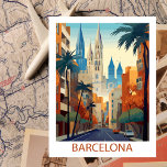 Retro Barcelona Vintage Travel Illustration Postkarte<br><div class="desc">Erleben Sie die lebendige Energie Barcelonas durch unsere Vintage Illustrations-Postkarte. Mit unserem Kunstwerk können Sie die Sehenswürdigkeiten, die belebten Straßen und die bunten Baustile der Stadt bewundern. Mit nostalgischer Note in die Vergangenheit lädt diese Postkarte Sie ein, die bezaubernde Mischung aus Geschichte und Moderne zu entdecken, die den Charme Barcelonas...</div>
