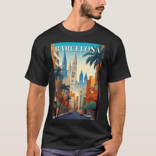 Retro Barcelona Vintage Travel Illustration T-Shirt (Vorderseite)