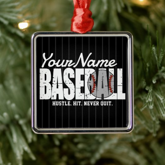 Retro Baseball ADD NAME Pinstripe Team Player Ornament Aus Metall (Baum)