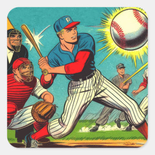 Retro Baseball-Comic Quadratischer Aufkleber