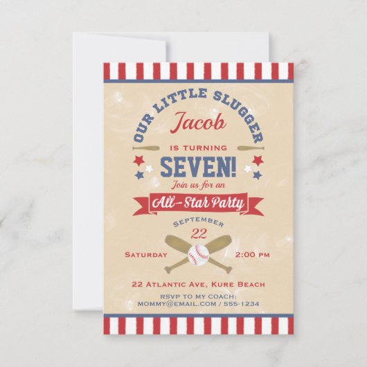 Retro Baseball Geburtstagsstars & Streifen Einladung (Vorderseite)