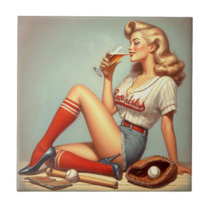 Retro Baseball Girl Painting Fliese