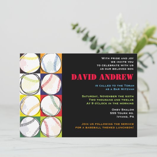 Retro Baseball Themed Bar Bat Mitzvah Einladung (Stehend Vorderseite)