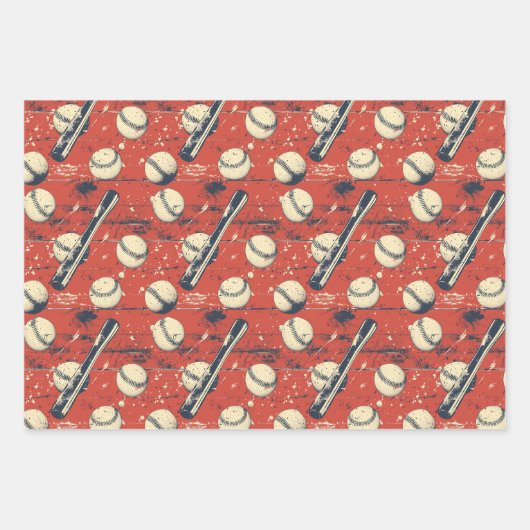 Retro Baseball Trio 3 Geschenkpapier Set (Vorderseite)