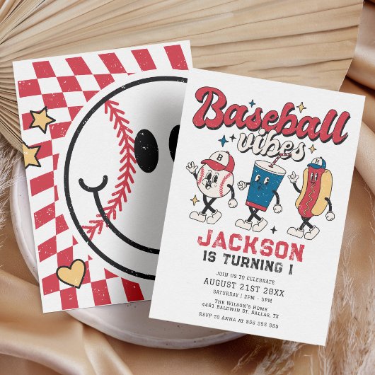 Retro Baseball Vibes Boy Birthday Party Einladung