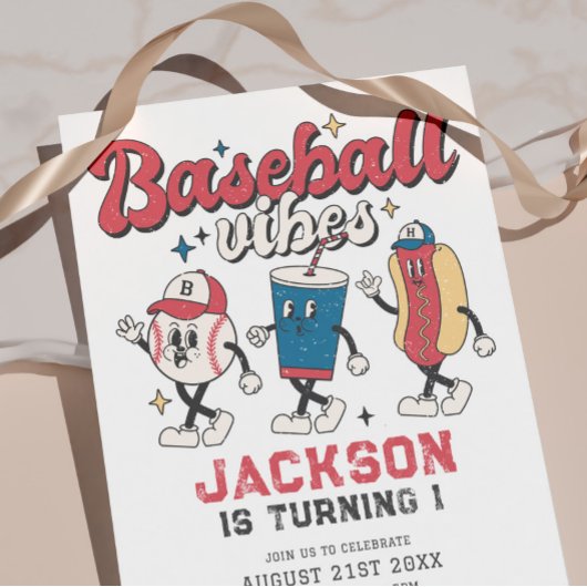 Retro Baseball Vibes Boy Birthday Party Einladung