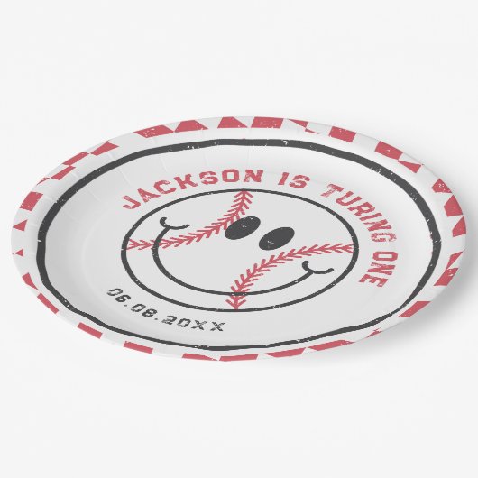 Retro Baseball Vibes Boy Birthday Party Pappteller (Schrägansicht)