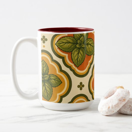Retro-Basilikum-Muster-Akzent-Tasse Zweifarbige Tasse (Mit Donut)