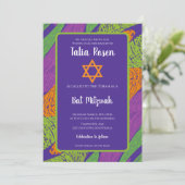 Retro-Bat Mitzvah-Lila und grüner QR-Code Einladung (Stehend Vorderseite)