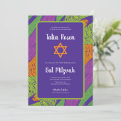 Retro Bat Mitzvah Purple and Green QR Code  Einladung (Stehend Vorderseite)