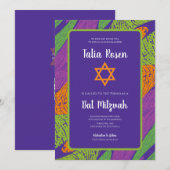 Retro Bat Mitzvah Purple and Green QR Code  Einladung (Vorne/Hinten)