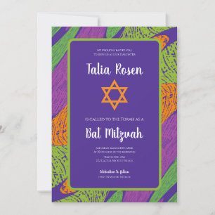Retro Bat Mitzwa lila und grüner QR-Code  Einladung