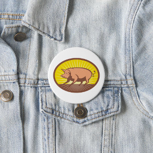 Retro-Bauernhofschwein mit Sonnenstrahlen Button