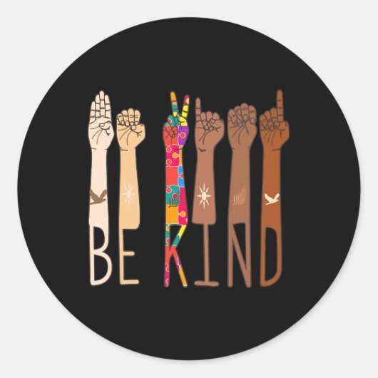 Retro be Kind Hand Sign Language ASL Puzzle Autism Runder Aufkleber (Vorderseite)