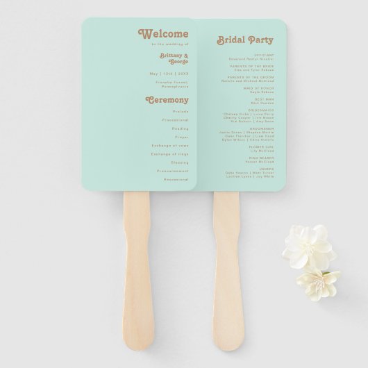 Retro Beach | Aqua Wedding Program Hand Fan Fächer (Vorne und Hinten)