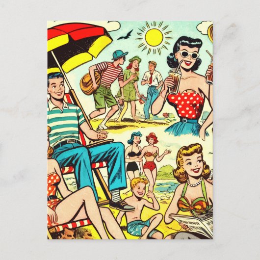 Retro Beach Comic Postkarte (Vorderseite)