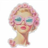 Retro Beach Girl mit Blumenbrille Aufkleber (Vorderseite)