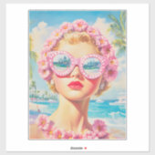 Retro Beach Girl mit Blumenbrille Aufkleber (Blatt)
