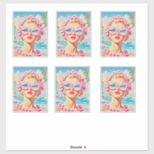 Retro Beach Girl mit Blumenbrille Aufkleber