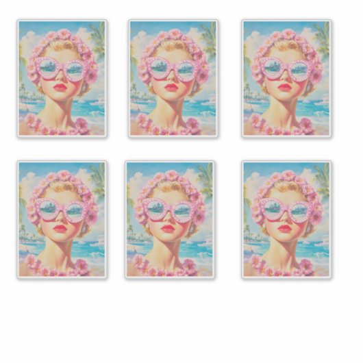 Retro Beach Girl mit Blumenbrille Aufkleber (Vorderseite)